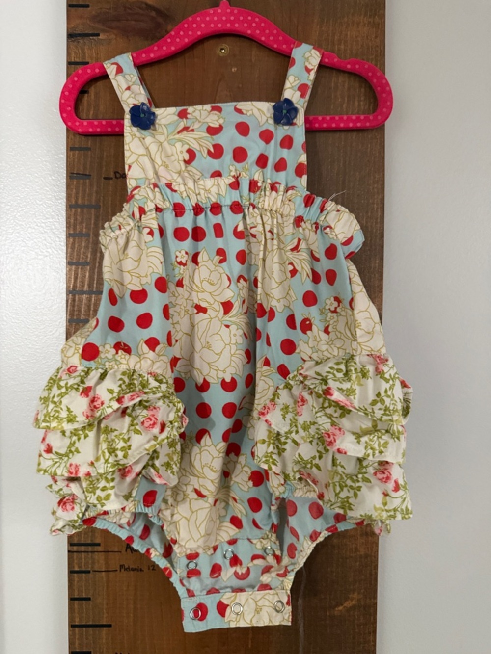 Matilda Jane Seredipity Floral & Polka Dot Ruffle Baby Romper - Blue, Red, Cream